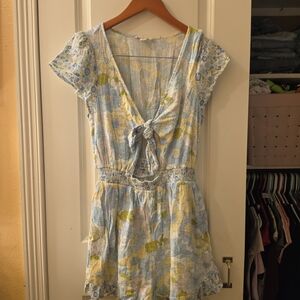 American Eagle Outfitters Floral Tie-Front Romper in Light Blue, Yellow, White